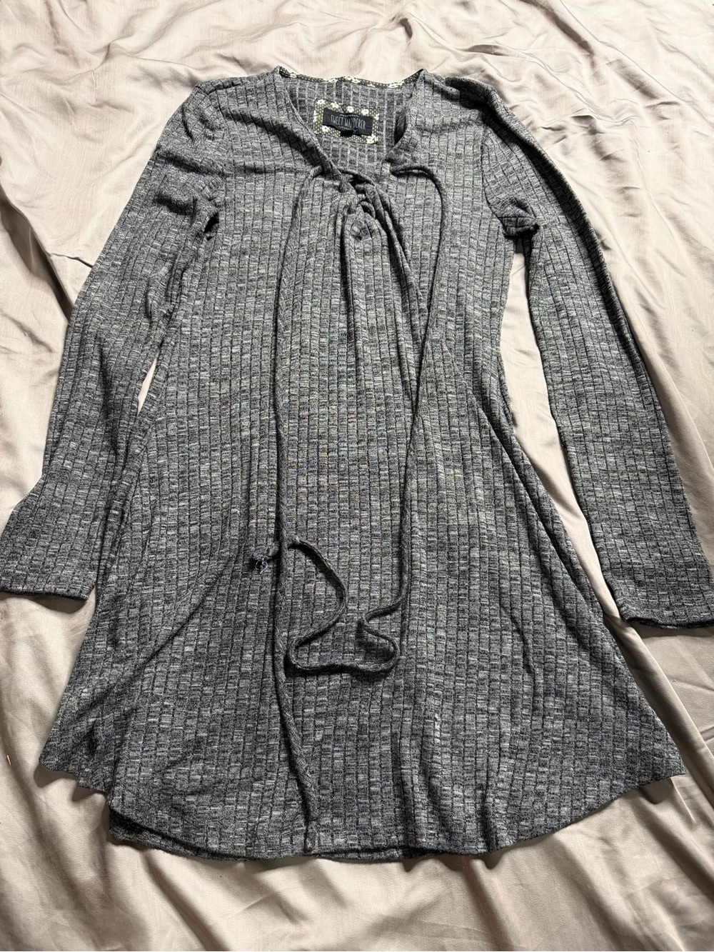 Sweet Wanderer Charcoal Ribbed Tie-Front Long Sleeve Dress
